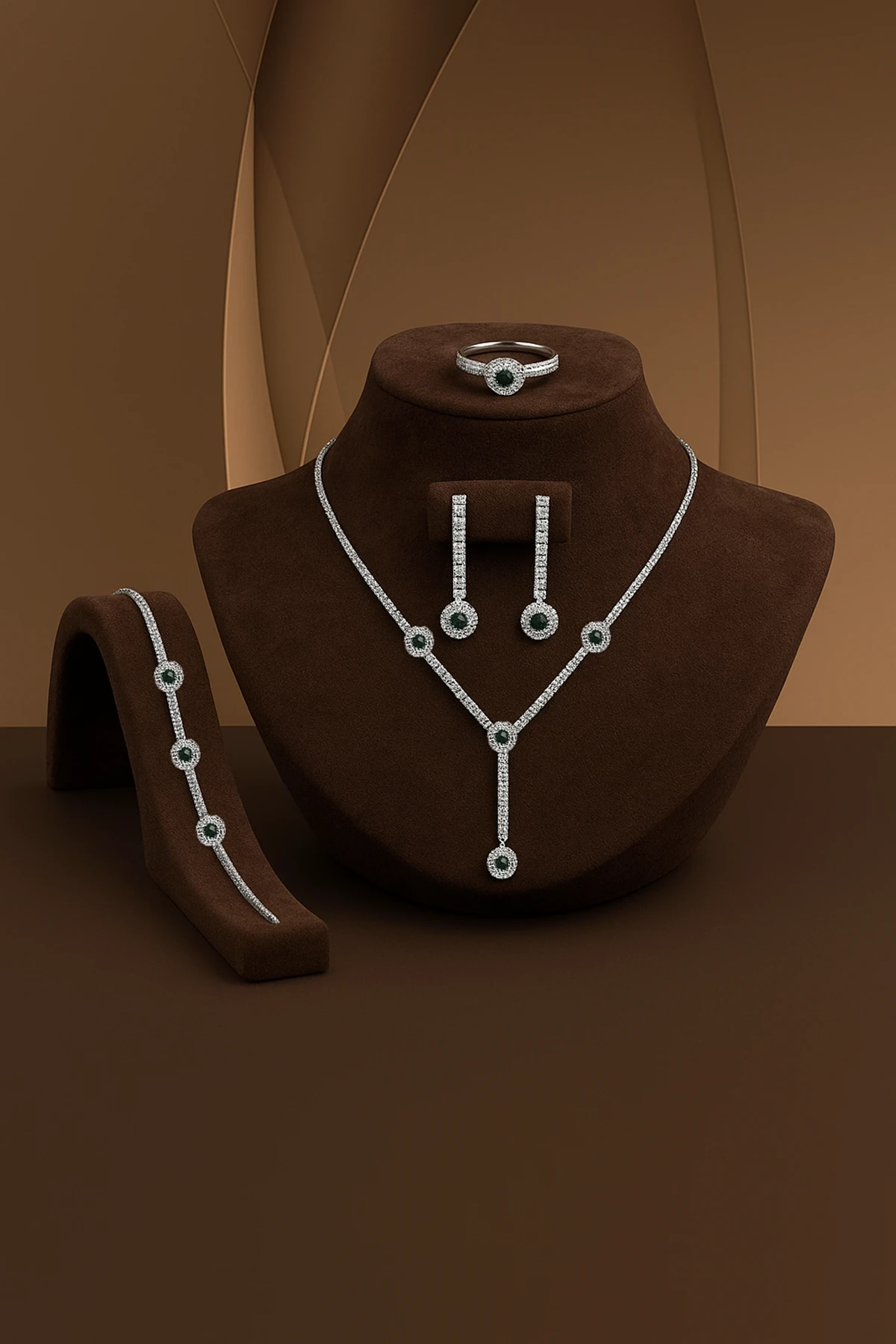 Venüs Bayan Zümrüt Taşlı Gümüş Su Yolu Set - Kolye, Bileklik, Küpe, Yüzük