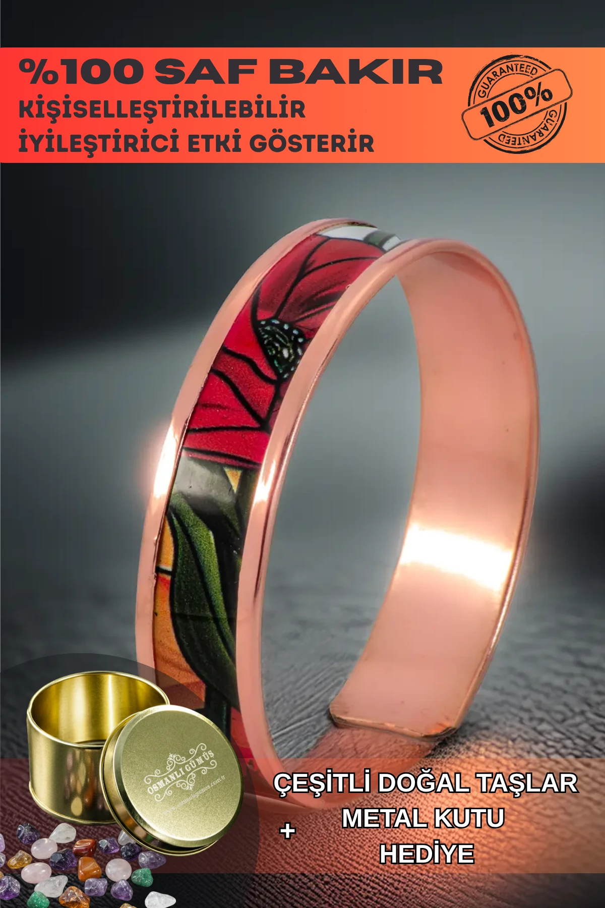 Kadın Bakır Bileklik - Chlara Model Özel Baskı Metal Kutu Ve Doğal Taşlar