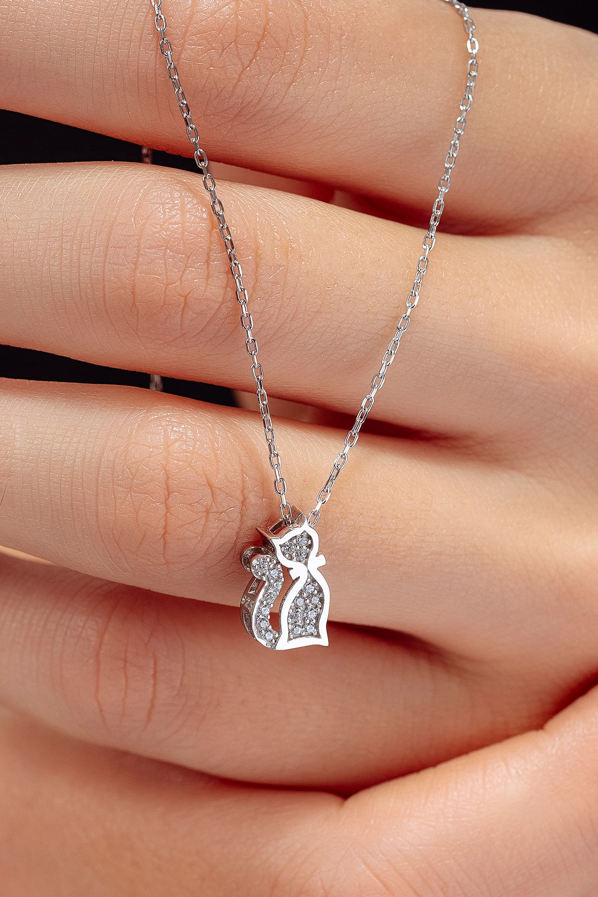 Kadın Gümüş Kolye - Swarovski Taşlı Full Zirconia Kedi Motifli Kadın Kolye
