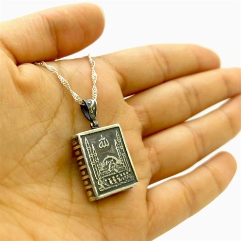 Allah Yazılı Camii Motifli Kitap Bayan Gümüş Kolye Zincir GKLGMSLLHER
