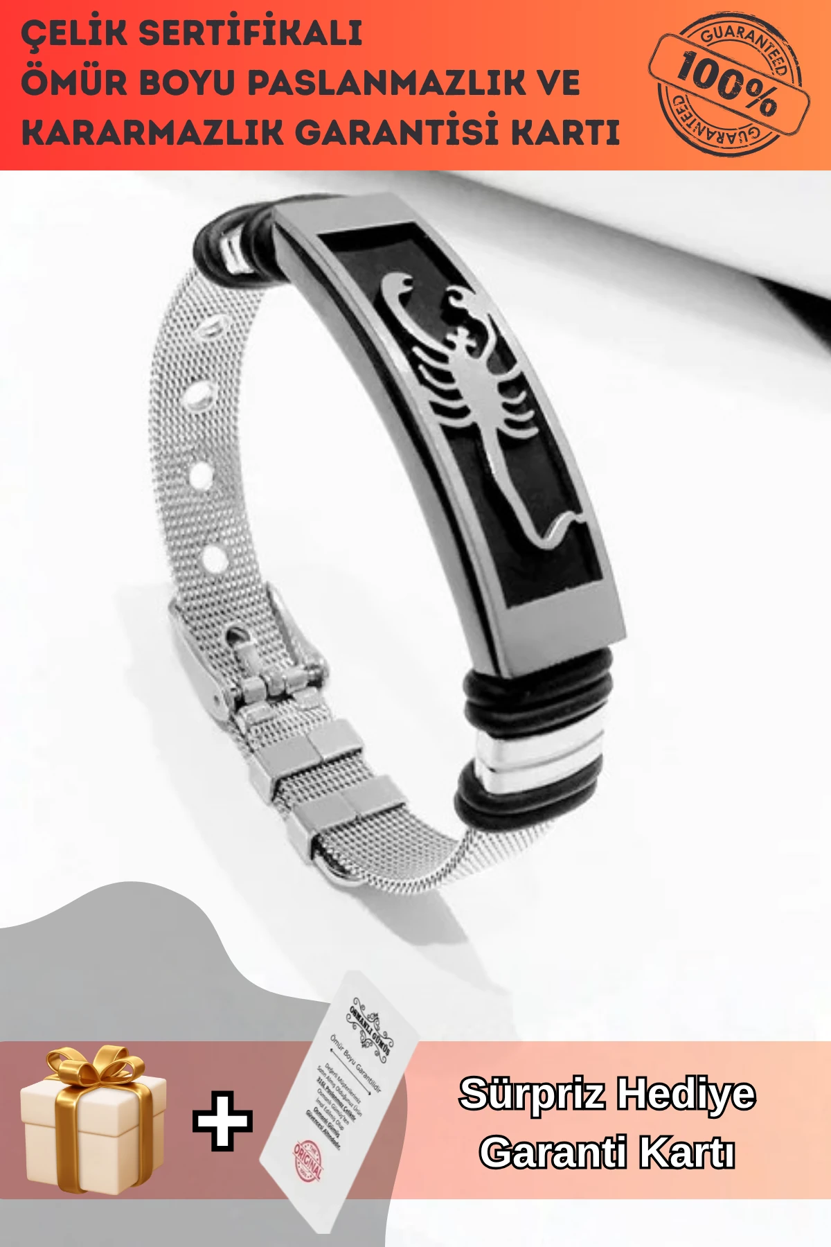 Akrep Motifli Paslanmaz Çelik Erkek Bileklik Hasır Kordonlu