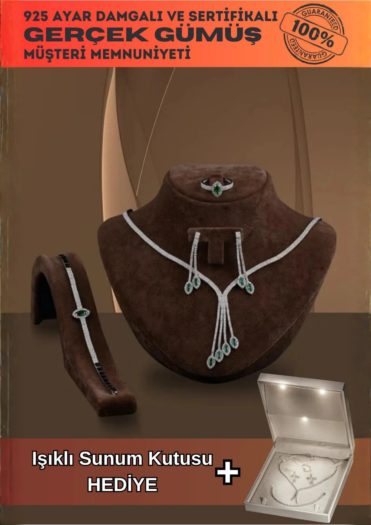 Aura Bayan Zümrüt Taşlı Gümüş Su Yolu Set - Kolye, Bileklik, Küpe, Yüzük