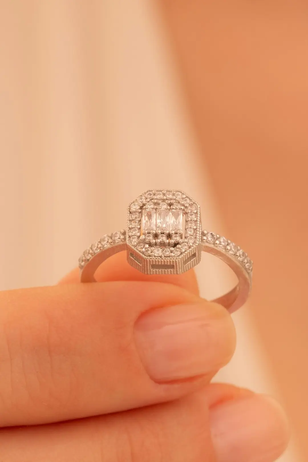 Women's Silver Ring Nevrez Baguette Stone-set Zircon Süslemeli Women's Ring