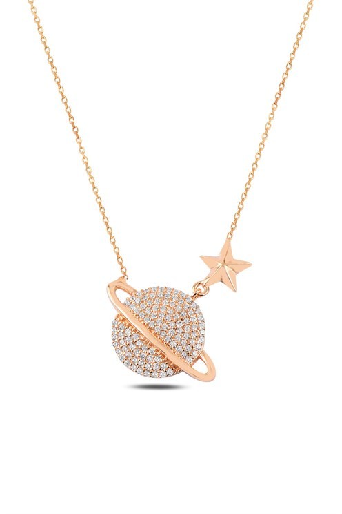 Zirkon Taşlı Rose Yıldızlı Satürn Model Gümüş Kadın Kolye GKLSTRNMDL1-ROS