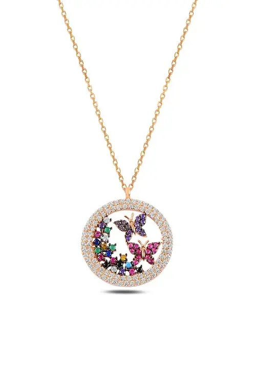 Butterfly & Bahar Flowers 2 Women's Silver Necklace
