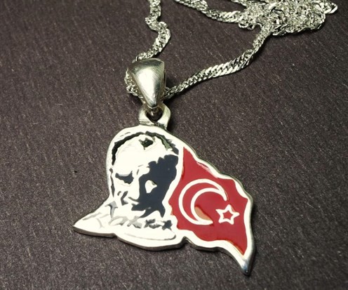 Unisex Gri Atatürk ve Ayyıldız'lı Gümüş Kolye Zincir