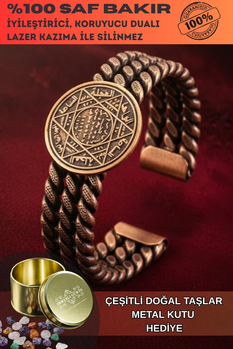 Kadın Bakır Bileklik - Süleyman Mührü 3 Sıra Bakır Bilezik Metal Kutu Ve Doğal Taşlar