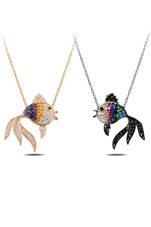 Colored Stone-set Fish Women's Silver Necklace Chain GKLBLKM1DEL-ROS-Rose Bronze