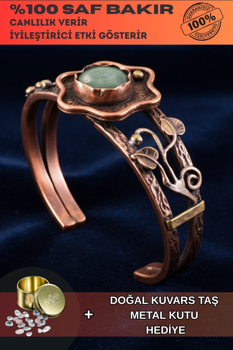 Kadın Bakır Bileklik - Yeşil Aventurin Taşlı Çiçek Model Kadın Bilezik Metal Kutu ve Doğal Taşlar