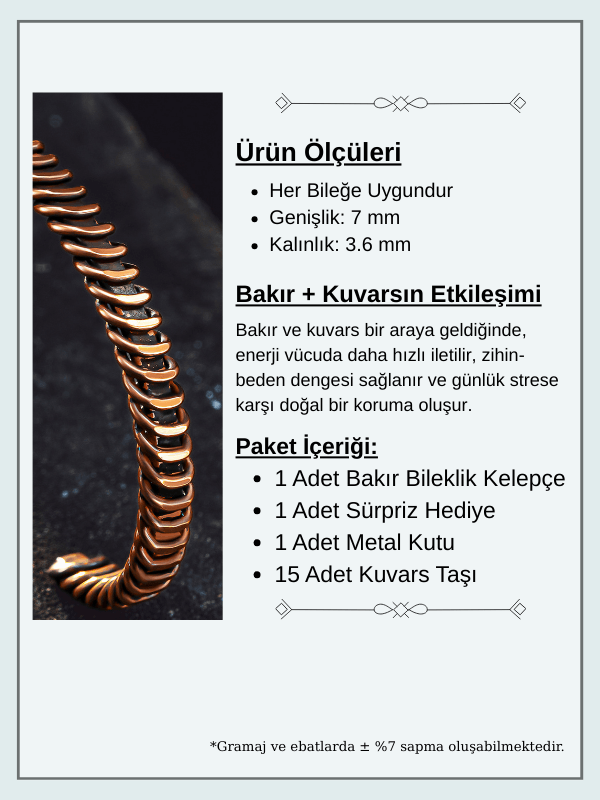 Saf Bakır Bileklik Burgu Örgü Sarım Model Metal Kutu Kuvars Taşlar Kadın Erkek Bilezik