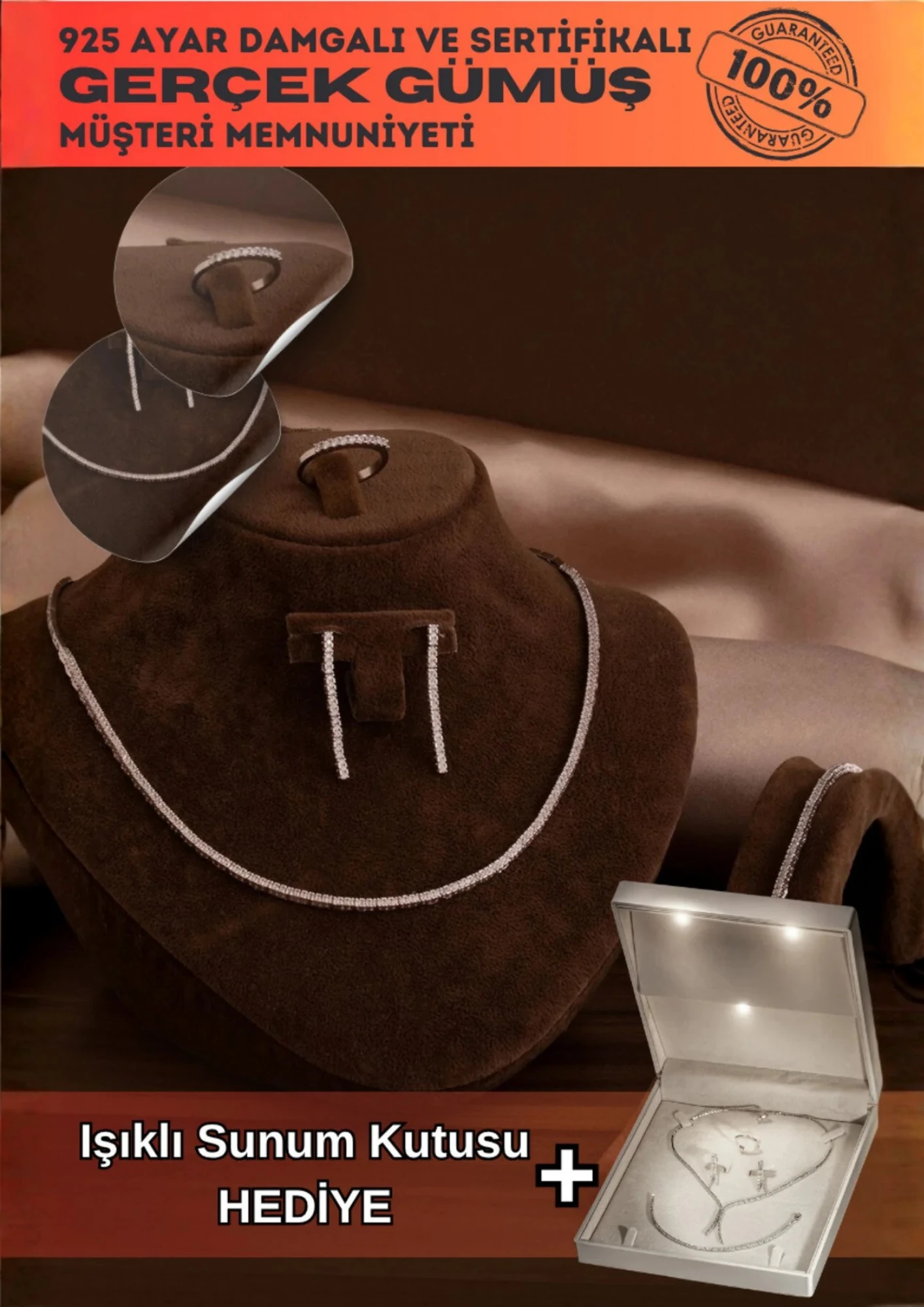 Kadın Gümüş Takı Seti - Duru Zirkon Taşlı Model Kolye, Bileklik, Yüzük, Küpe Tam Set