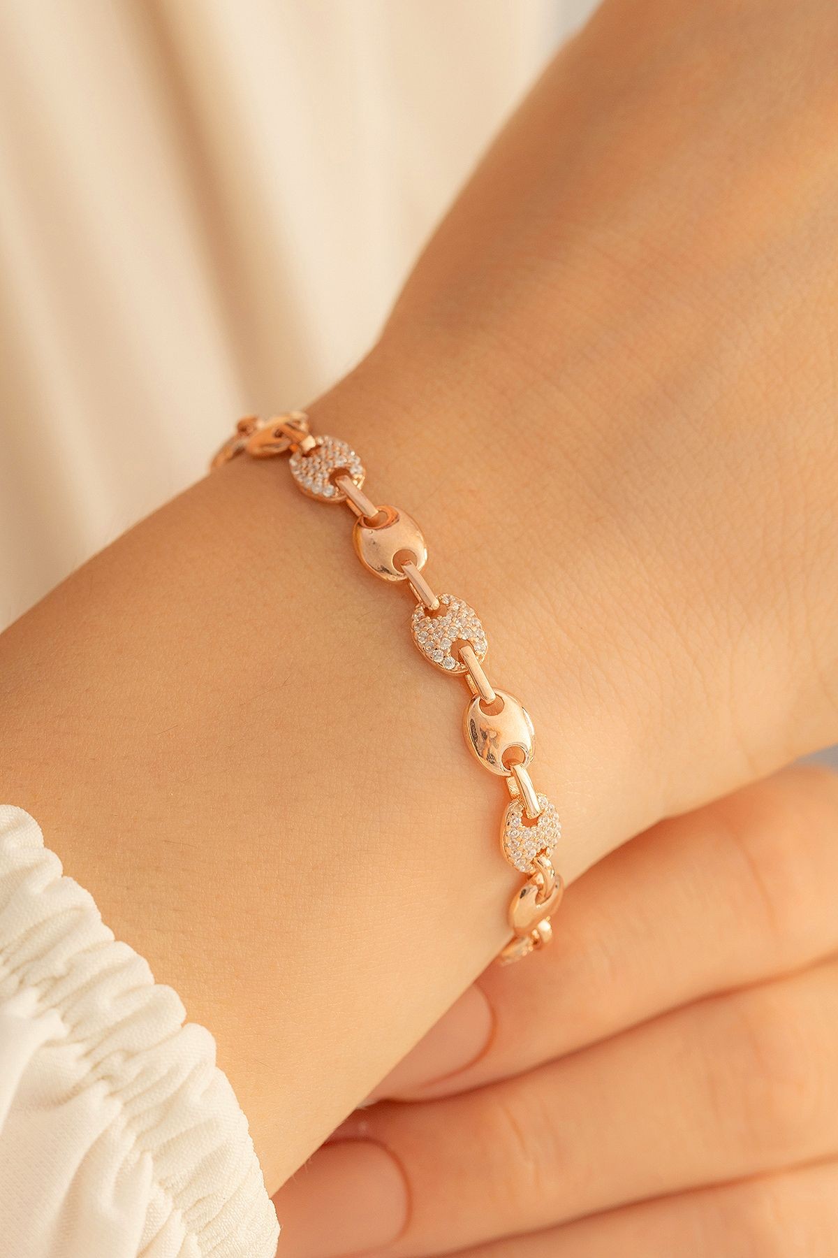 Kadın Gümüş Bileklik - Rose Altın Kaplama Zirkon Taşlı Gemici Model Gümüş Bileklik