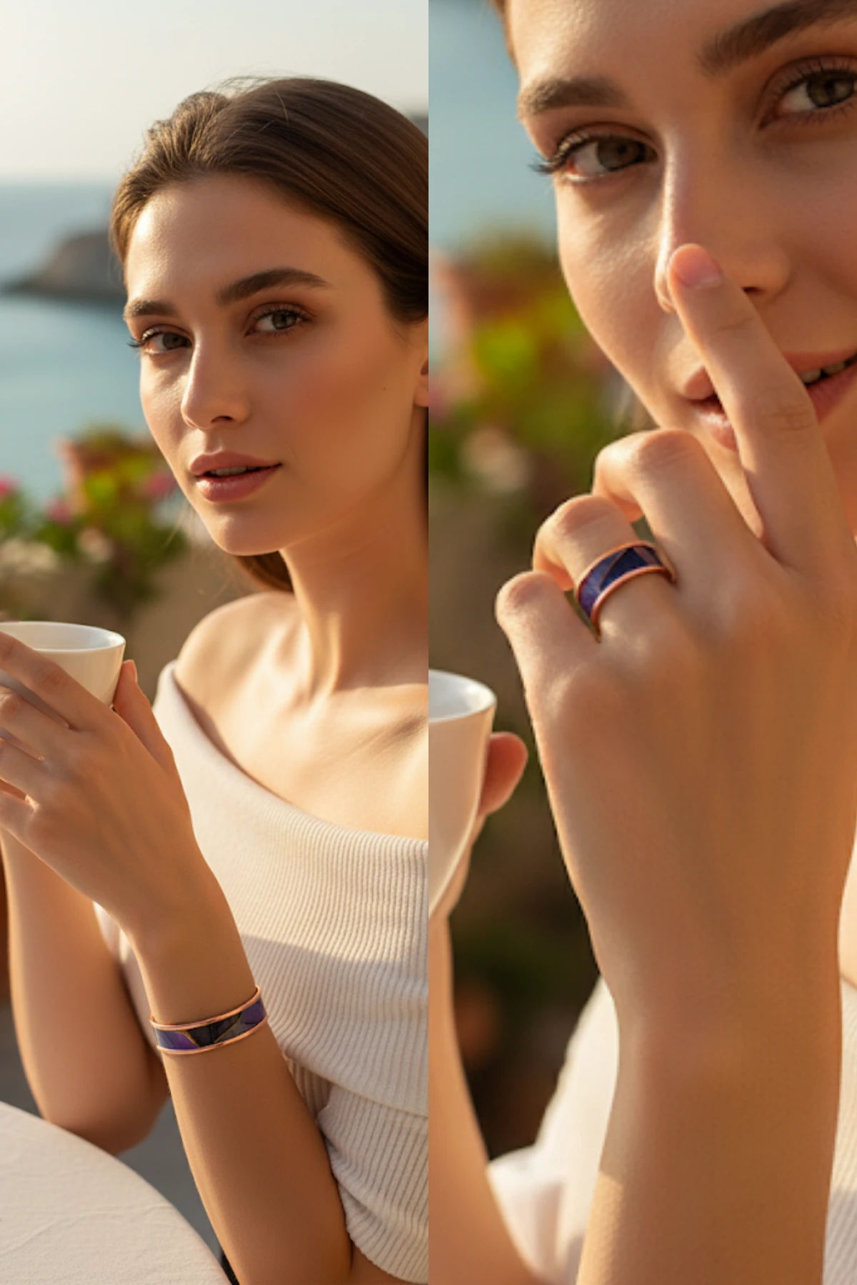 Kadın Bakır Bileklik Yüzük Set - Laura Model Özel Baskı Metal Kutu Ve Kuvars Taşı