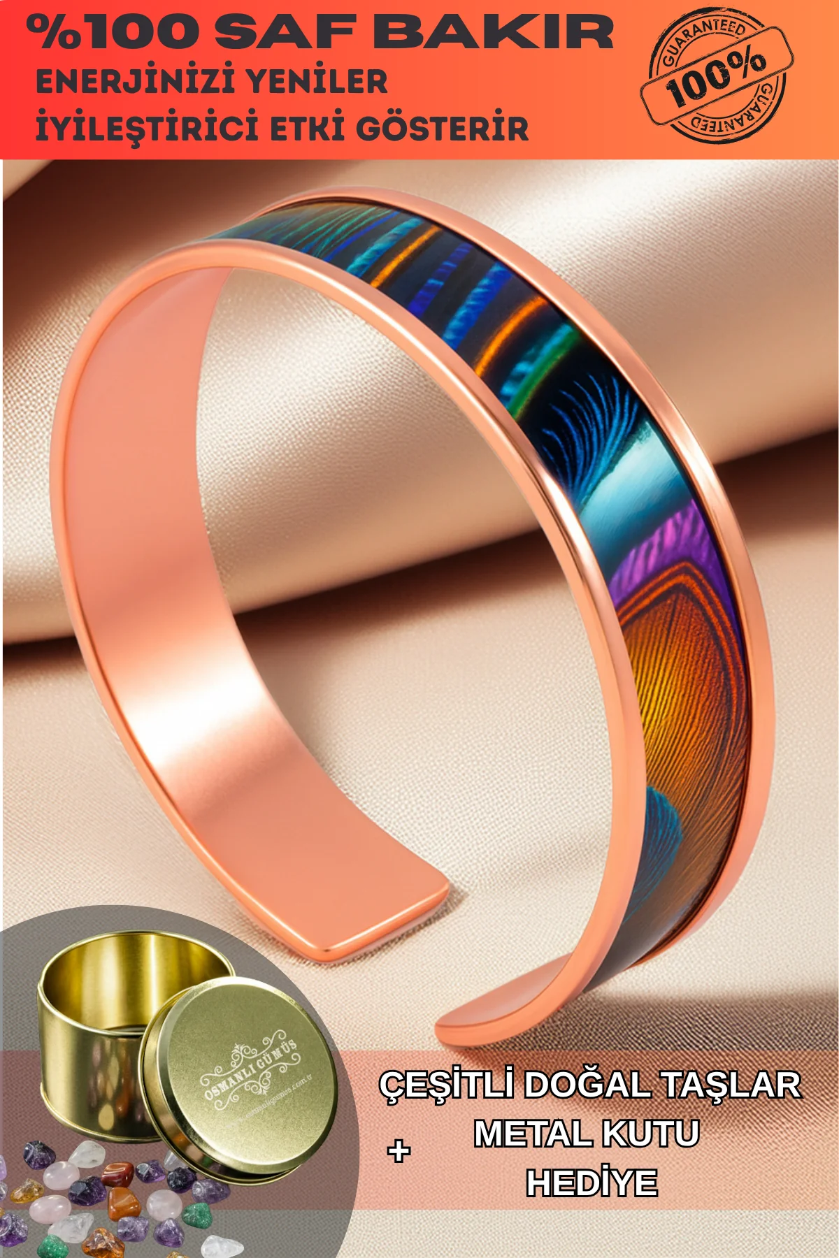 Kadın Bakır Bileklik - Galassia Model Özel Baskı Metal Kutu Ve Doğal Taşlar