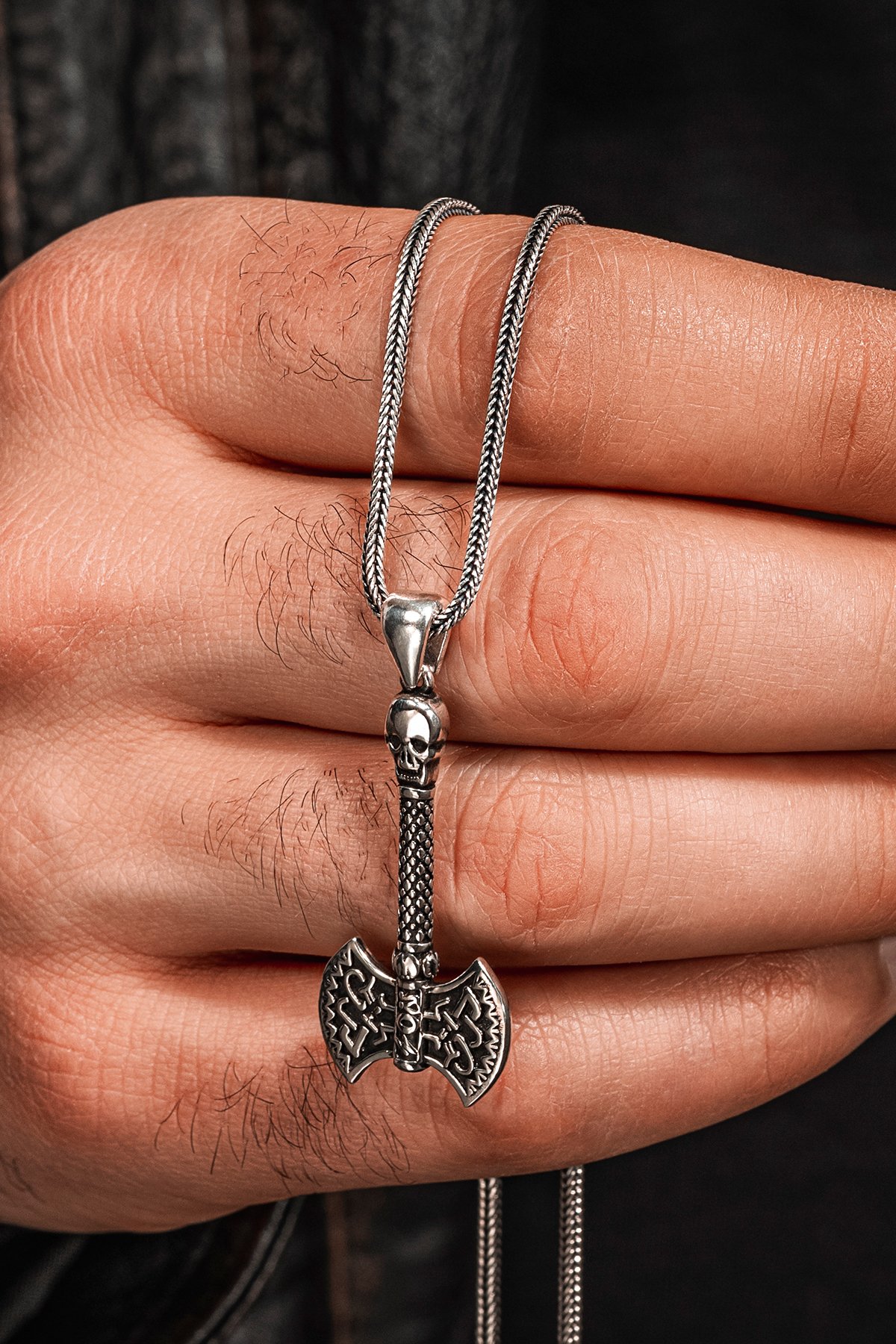 Viking Çift Başlı Savaş Baltası Erkek Gümüş Kolye 925 Ayar Mat Siyah