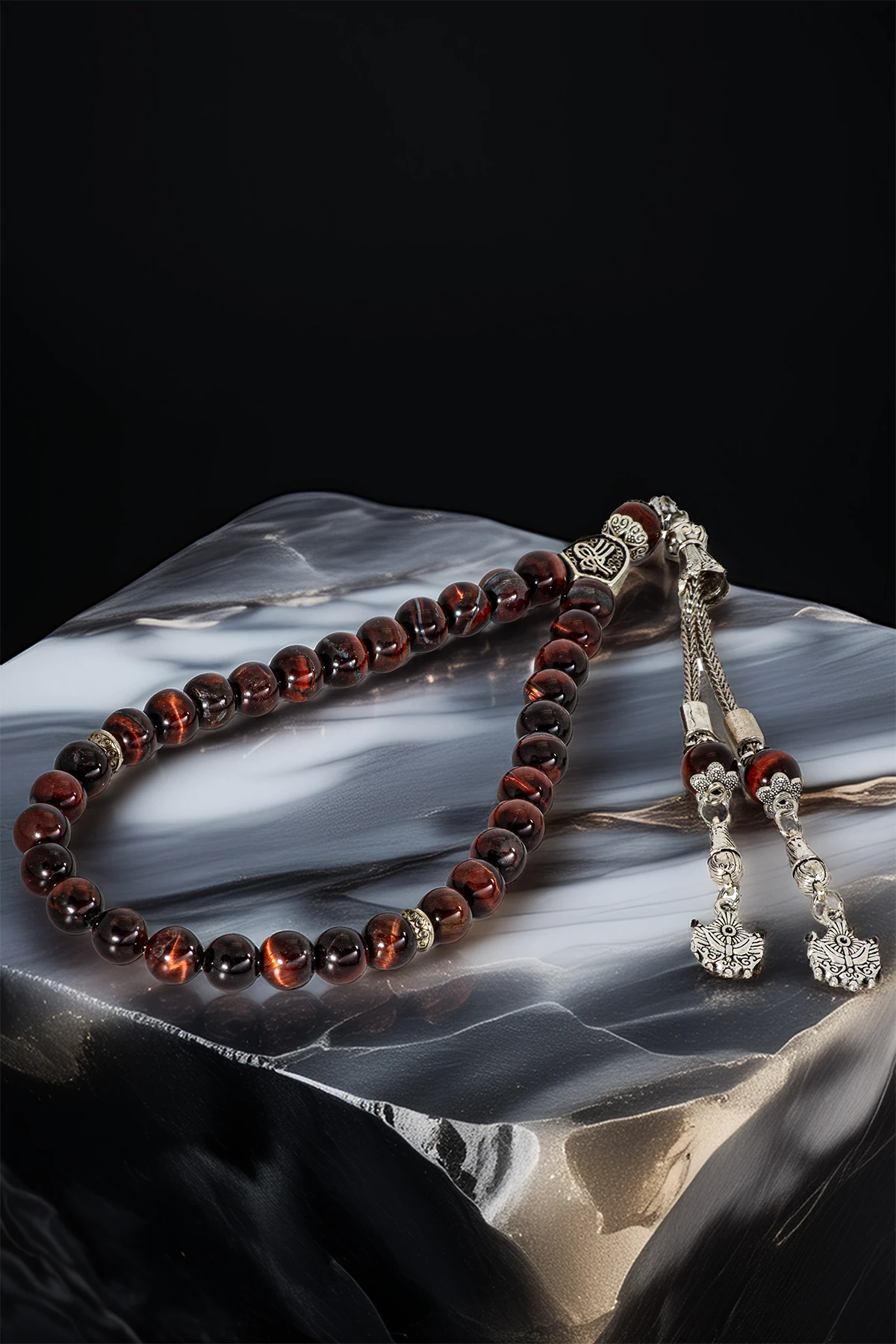 Erkek Doğal Taş Tespih - Doğal Kahverengi Kaplangözü Taşlı Ortaboy Tesbih