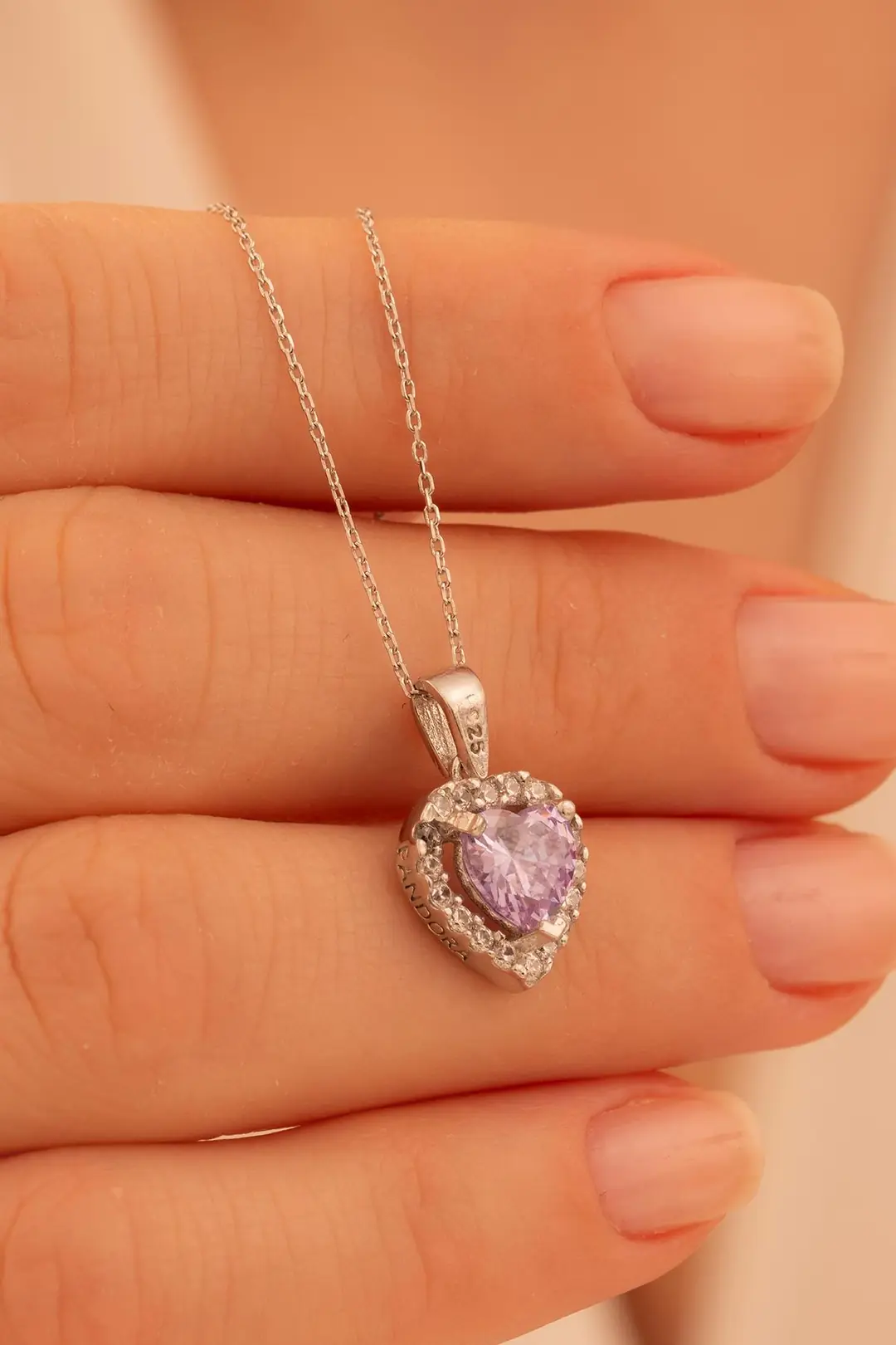 Women's Silver Necklace Heart Amethyst Stone-set Zircon Süslemeli Rhodium-Plated Women's Necklace