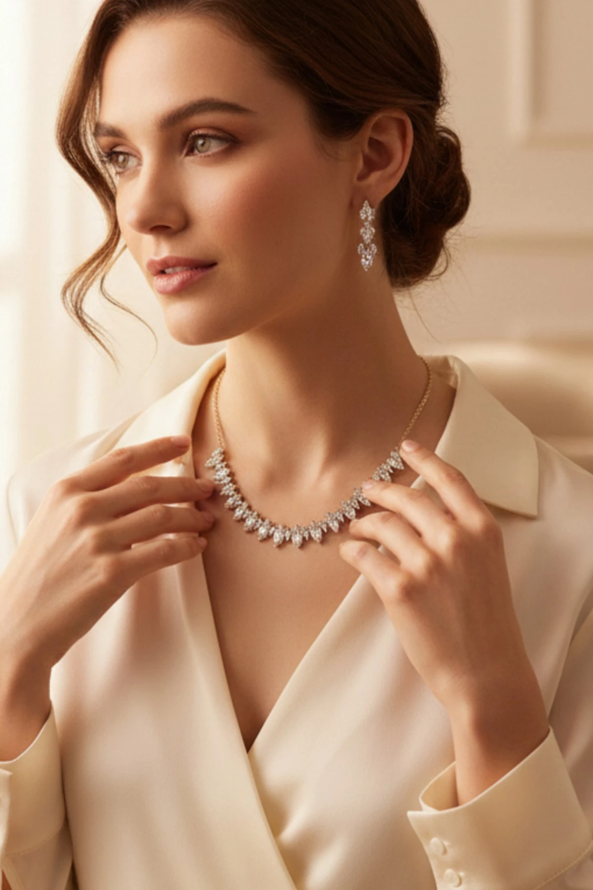 Kadın Bijuteri Kolye Küpe Set - Sara Model Baget ve Zirkon Taşlı Zarif Su Yolu Set