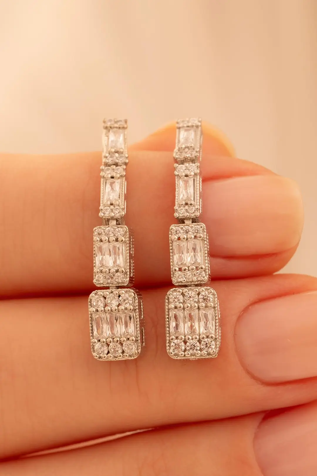 Women's Silver Earrings Mehtap Baguette Stone-set Women's Earrings