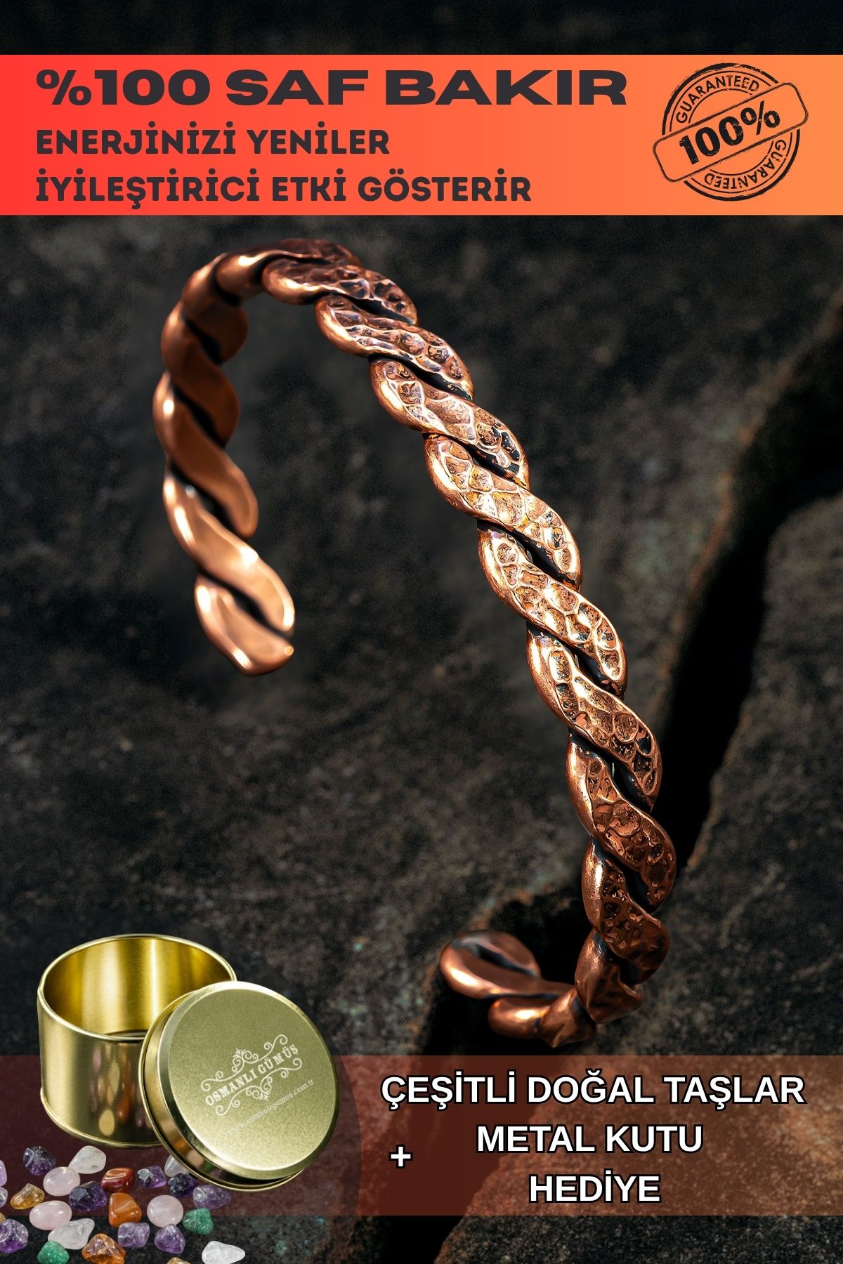 Saf Bakır Bileklik Otantik Model Örgü Metal Kutu Doğal Taşlar Kadın Erkek Kelepçe