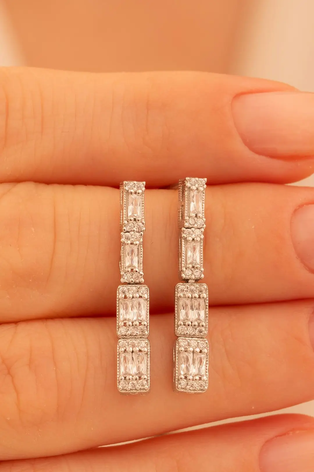 Women's Silver Earrings Dilruba Baguette Stone-set Square Women's Earrings