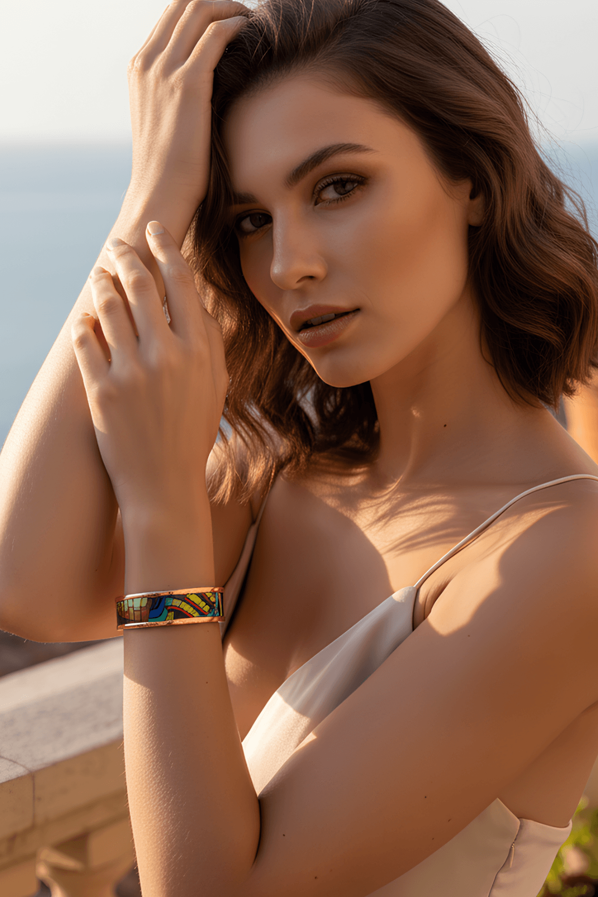 Kadın Bakır Bileklik - Nadia Model Özel Baskı Metal Kutu Ve Kuvars Taşı