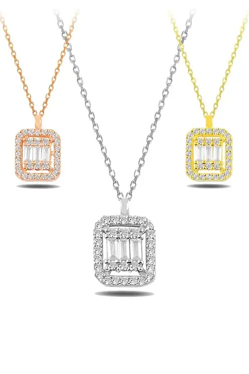 Square Baguette Stone-set 3 Women's Silver Necklace Chain GKLKRBGTM3D-ROS-Rose Bronze