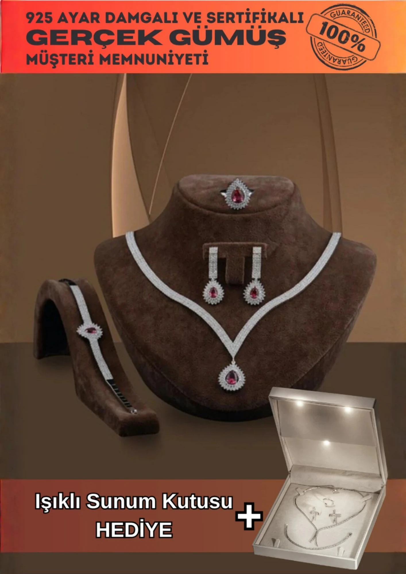 Arissa Bayan Yakut Taşlı Gümüş Su Yolu Set - Kolye, Bileklik, Küpe, Yüzük