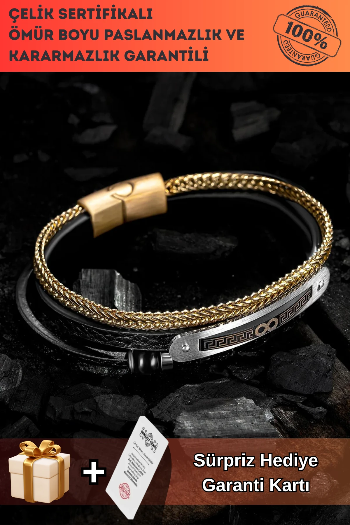 Doğal Oniks Taşlı Deri Çelik 3 lü Erkek Bileklik Sonsuzluk Ve Grek Motifli