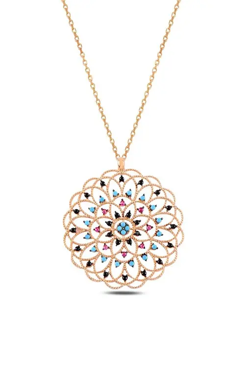 Women's Rose Mix Stone-set Rose Yaşam Flower 5 Silver Necklace