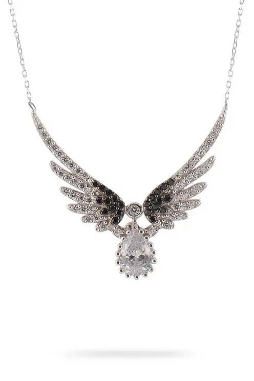 Melek Winged Drop Zircon Stone-set Women's 925 K Silver Necklace GKLMELEKDML-GMS