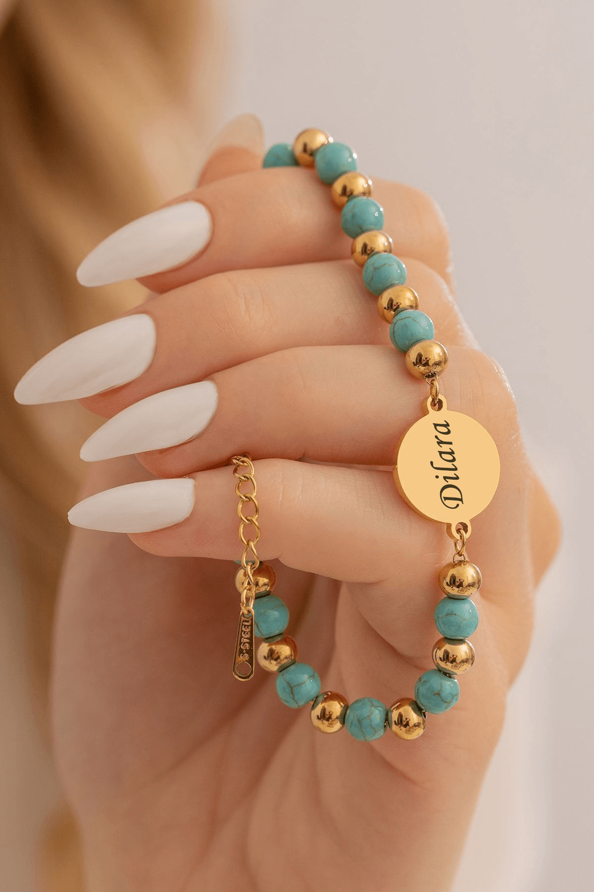 Kadın Çelik Bileklik - Turkuaz Taşlı Çelik Lak Kaplamalı İsim Veya Harf Yazılabilir Kadın Bileklik