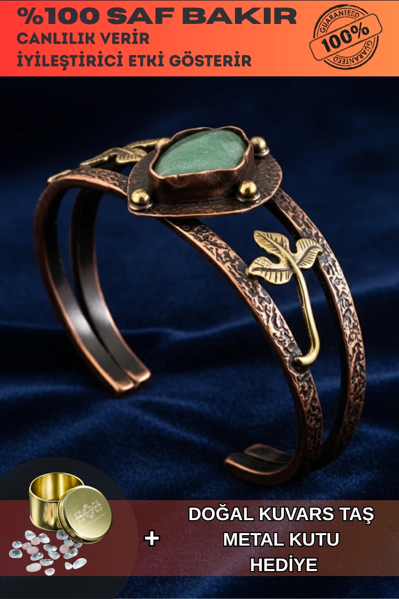 Kadın Bakır Bileklik - Yeşil Aventurin Taşlı Damla Model Kadın Bilezik Metal Kutu ve Doğal Taşlar