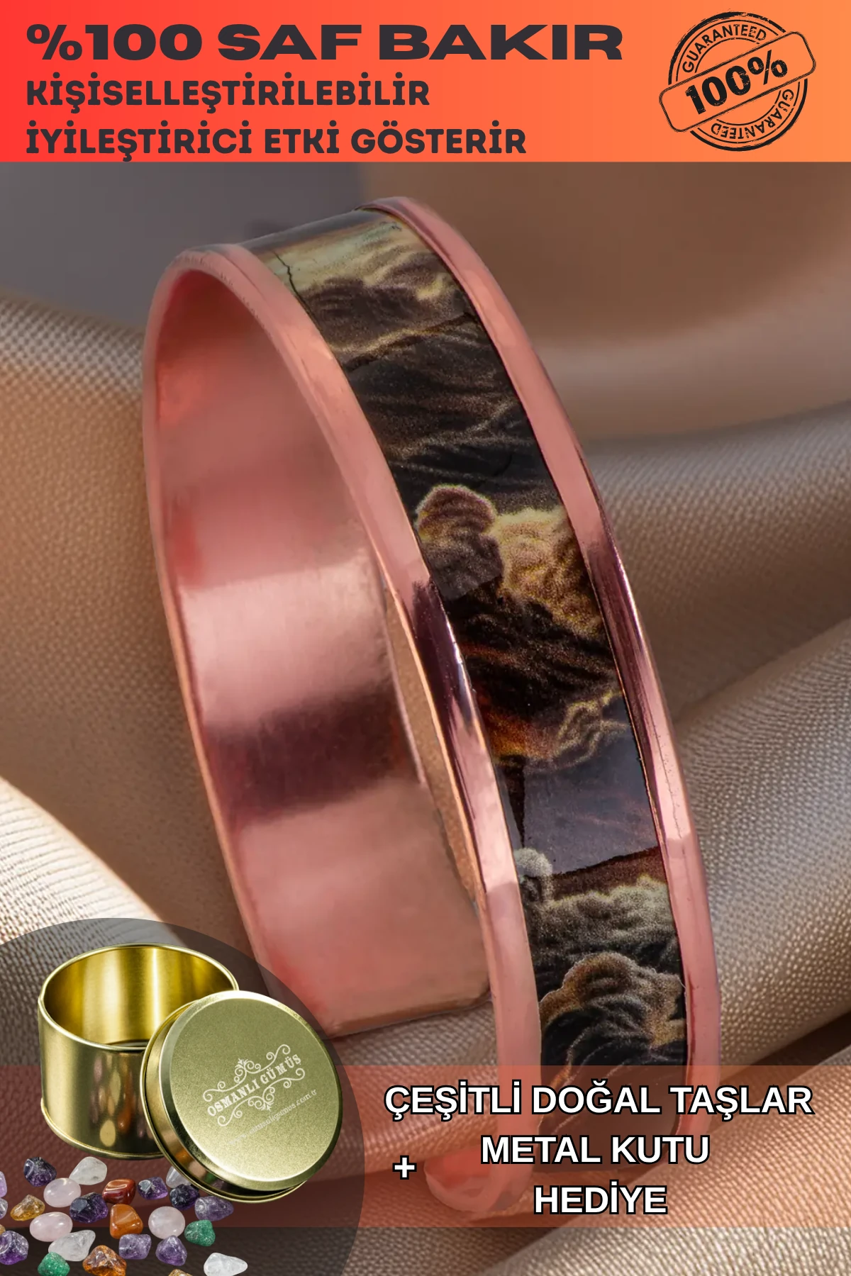 Kadın Bakır Bileklik - Mia Model Özel Baskı Metal Kutu Ve Doğal Taşlar