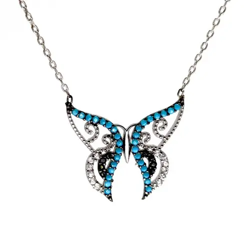 Blue Zircon Stone-set Butterfly Women's Silver Necklace