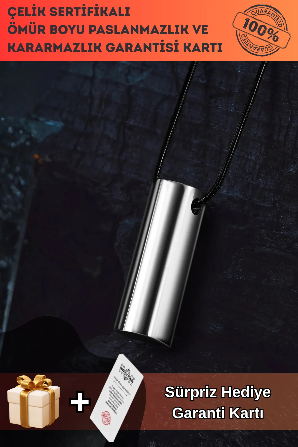 Corelum Secret Çelik İsimli Silindir Erkek Kolye 3 cm Parlak Gizli Tasarım