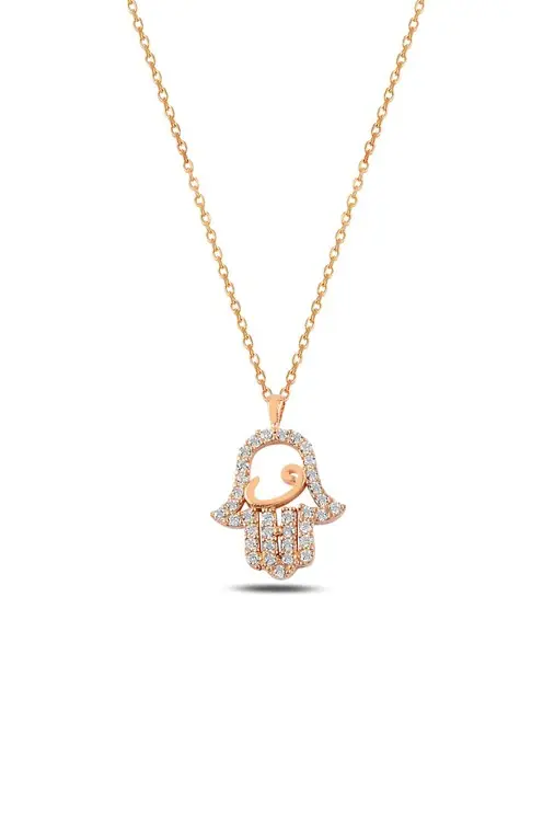 Women's Silver Necklace Zircon Stone-set Rose Color Vav Fatma Ana Eli Silver Necklace