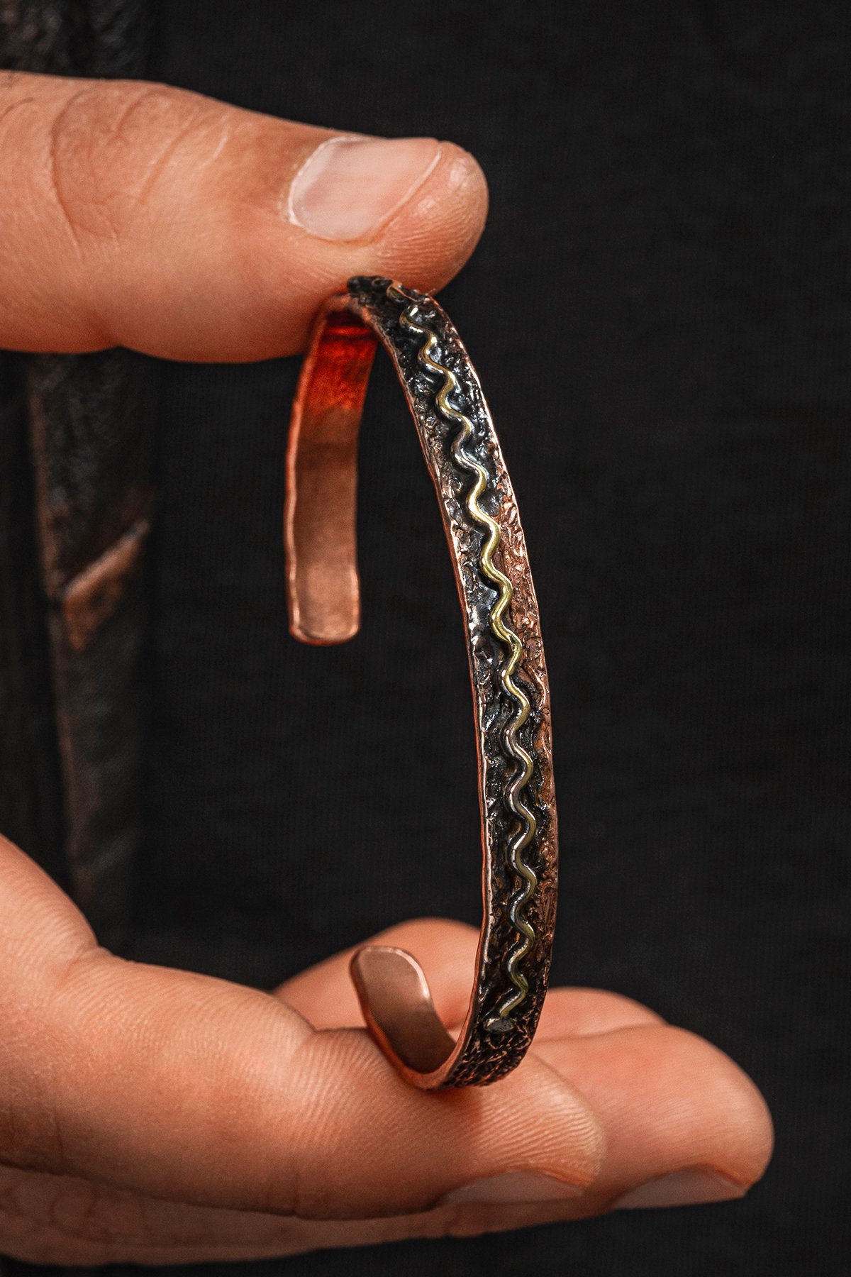 Copper Wave Bakır Kelepçe Bilezik Erkek Kadın Kuvars Taşı ve Metal Kutulu
