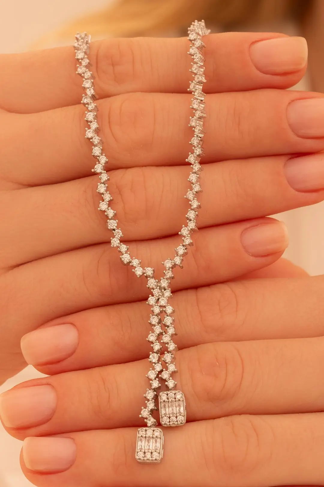 Women's Silver Necklace Nazlı Baguette Stone-set Zircon Süslemeli Women's Necklace