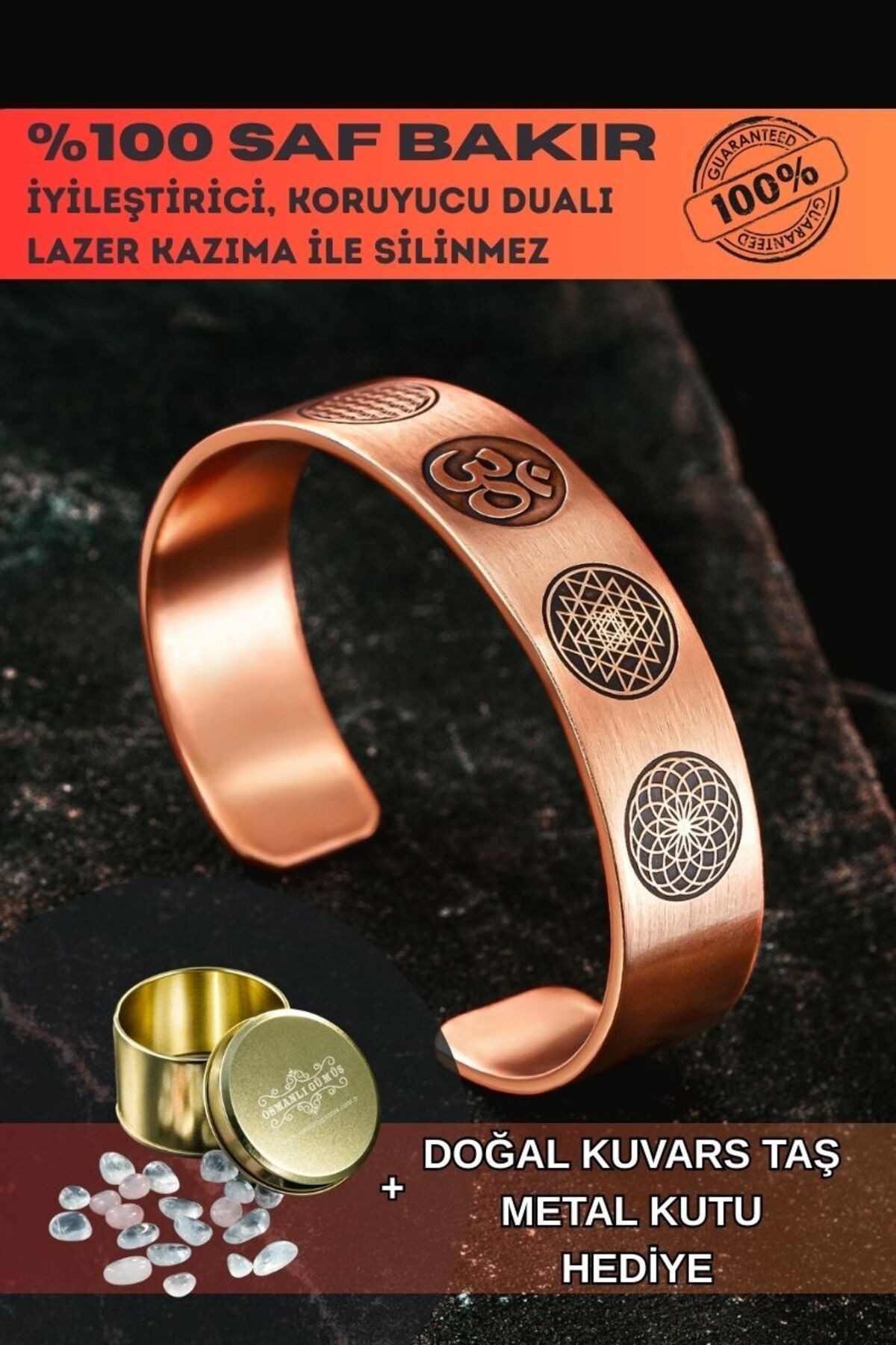 Erkek Bakır Bileklik - Yaşam Çiçeği - Lotus - Sri Yantra - Om Sembolü - Erkek Bakır Kelepçe Bileklik