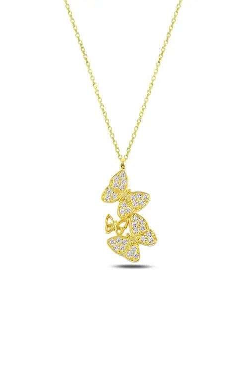 Women's Yellow Butterfly Zircon Stone-set 2 Silver Necklace Gklklbkmdl2-srı
