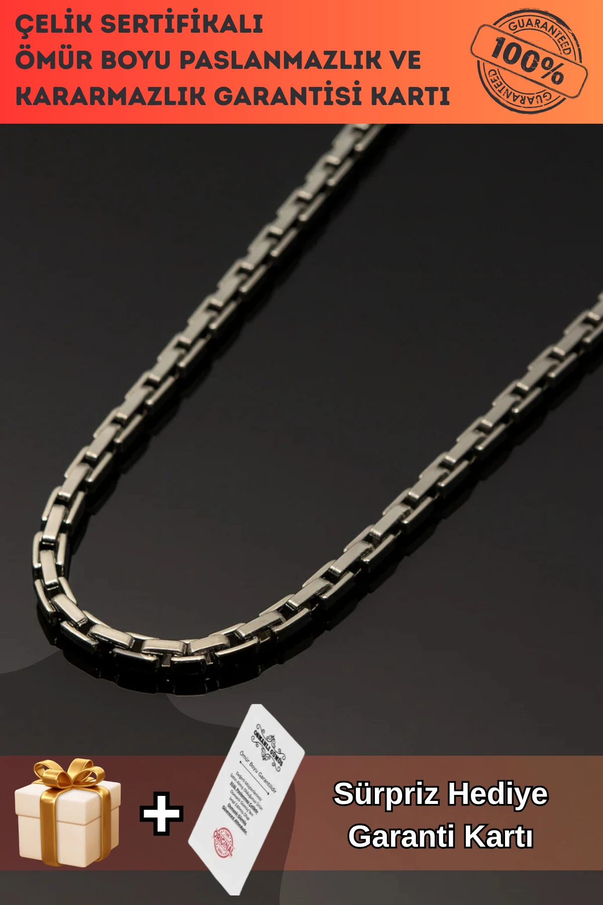 Erkek Çelik Kolye - Düz Elegant Model Parlak Paslanmaz Kararmaz Çelik Erkek Kolye