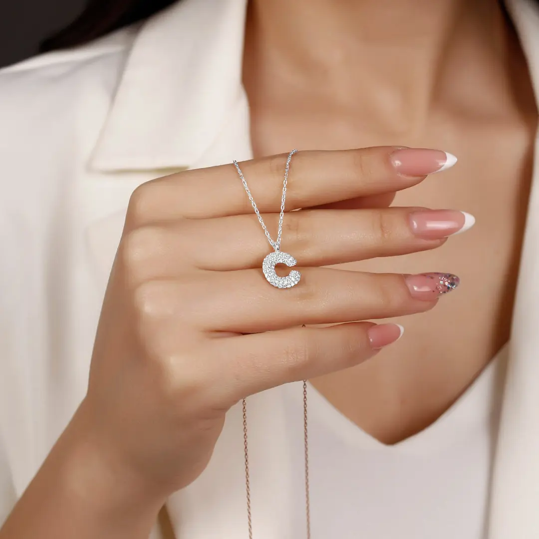Women's Silver Necklace C Letter Zircon Stone-set Balon Letter Women's Necklace