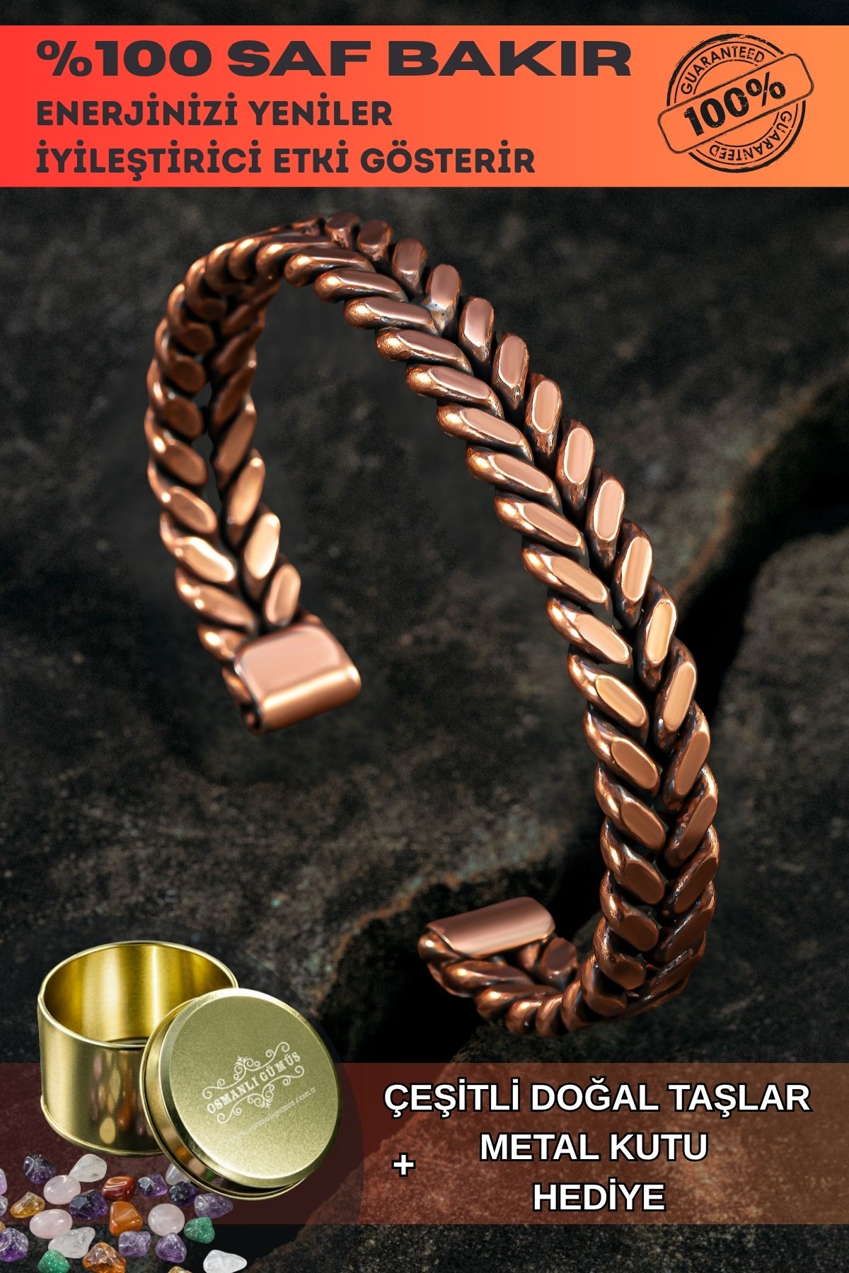 Copper Vena Model Bakır Kelepçe Bilezik Erkek Kadın Doğal Taşlar ve Metal Kutulu