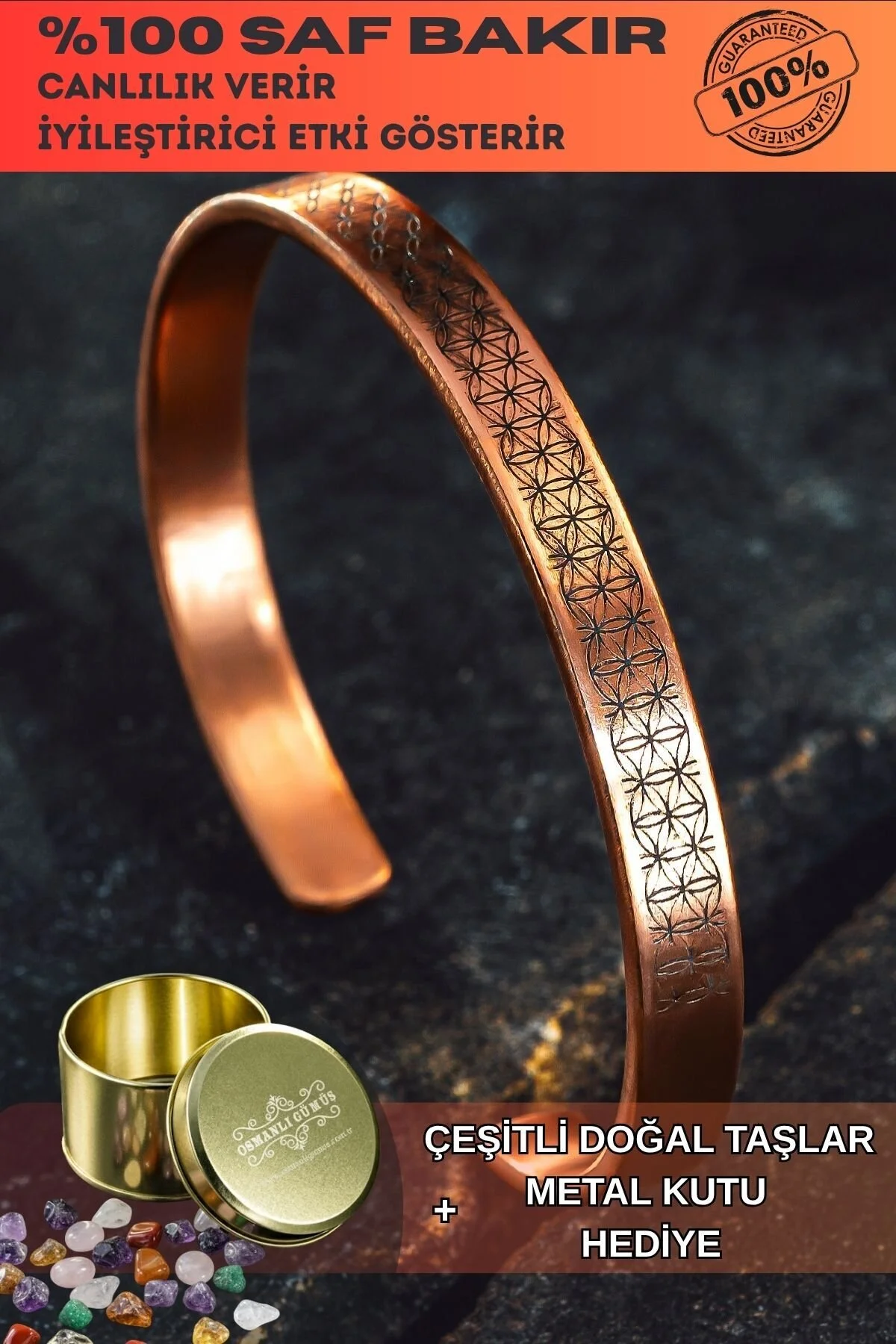 Erkek Bakır Bileklik - Lotus Çiçeği - Yaşam Çiçeği İnce Model 2 Erkek Kelepçe Bileklik Bilezik