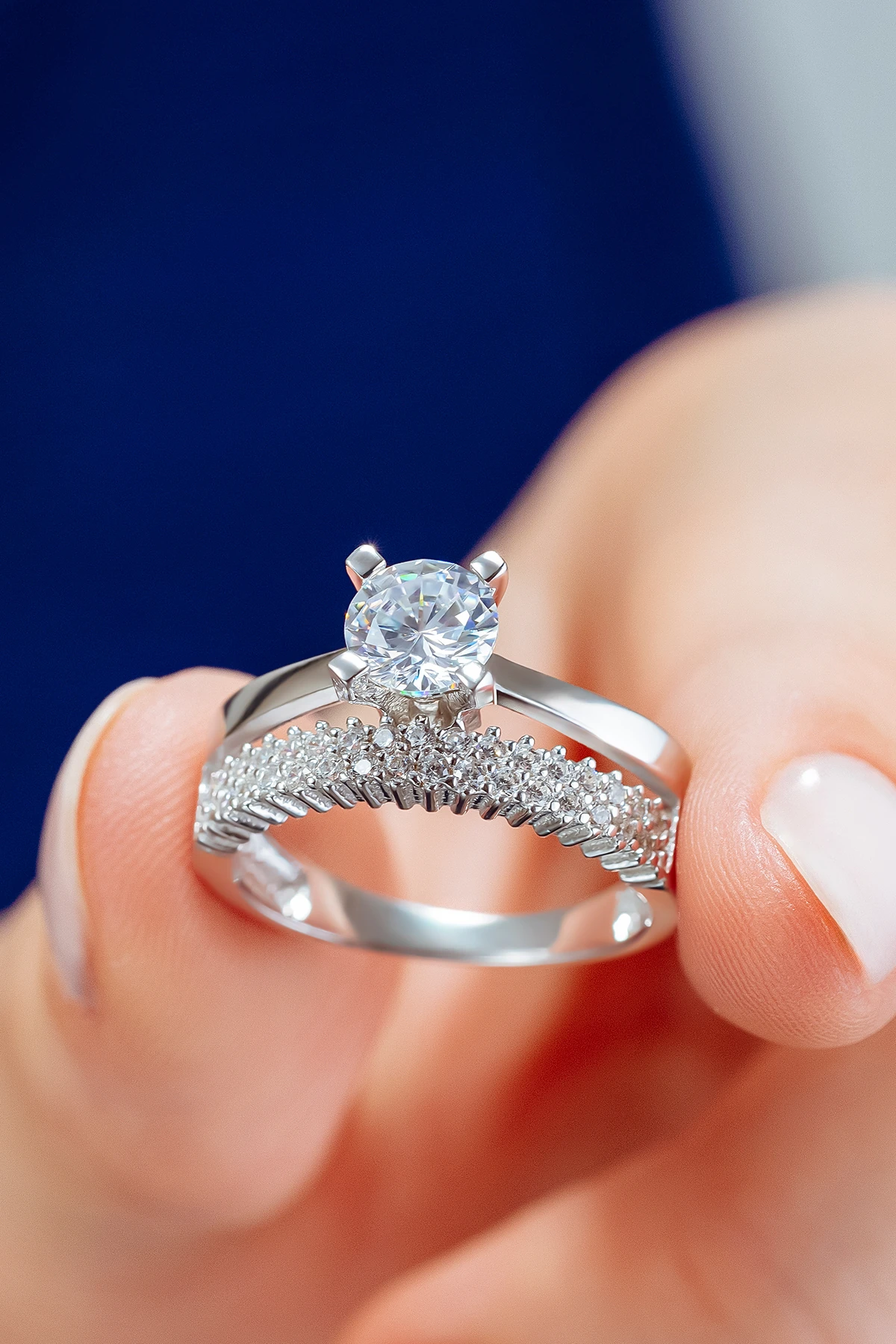 Kadın Gümüş Yüzük - İki Sıra Tektaş Zirkon Taşlı Kombin Kadın Gümüş Yüzük