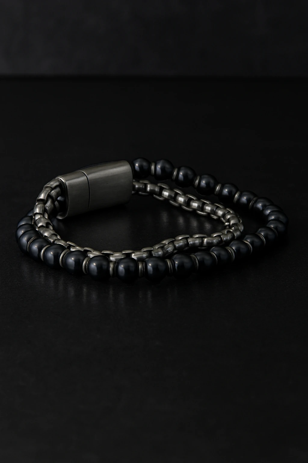 Erkek Çelik ve Oniks Taşlı Bileklik - Çift Sıra Kral Zincir Model