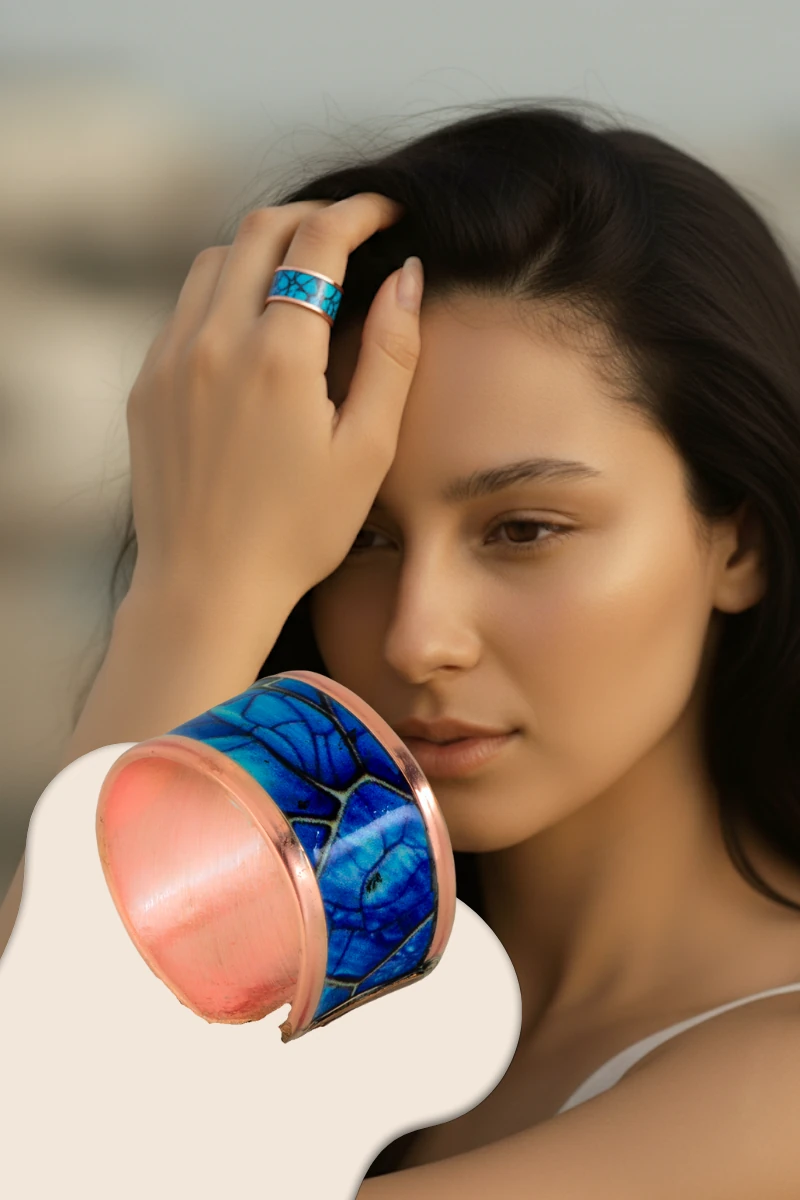 Kadın Bakır Yüzük - Ocean Model Özel Baskı Metal Kutu Ve Kuvars Taşı