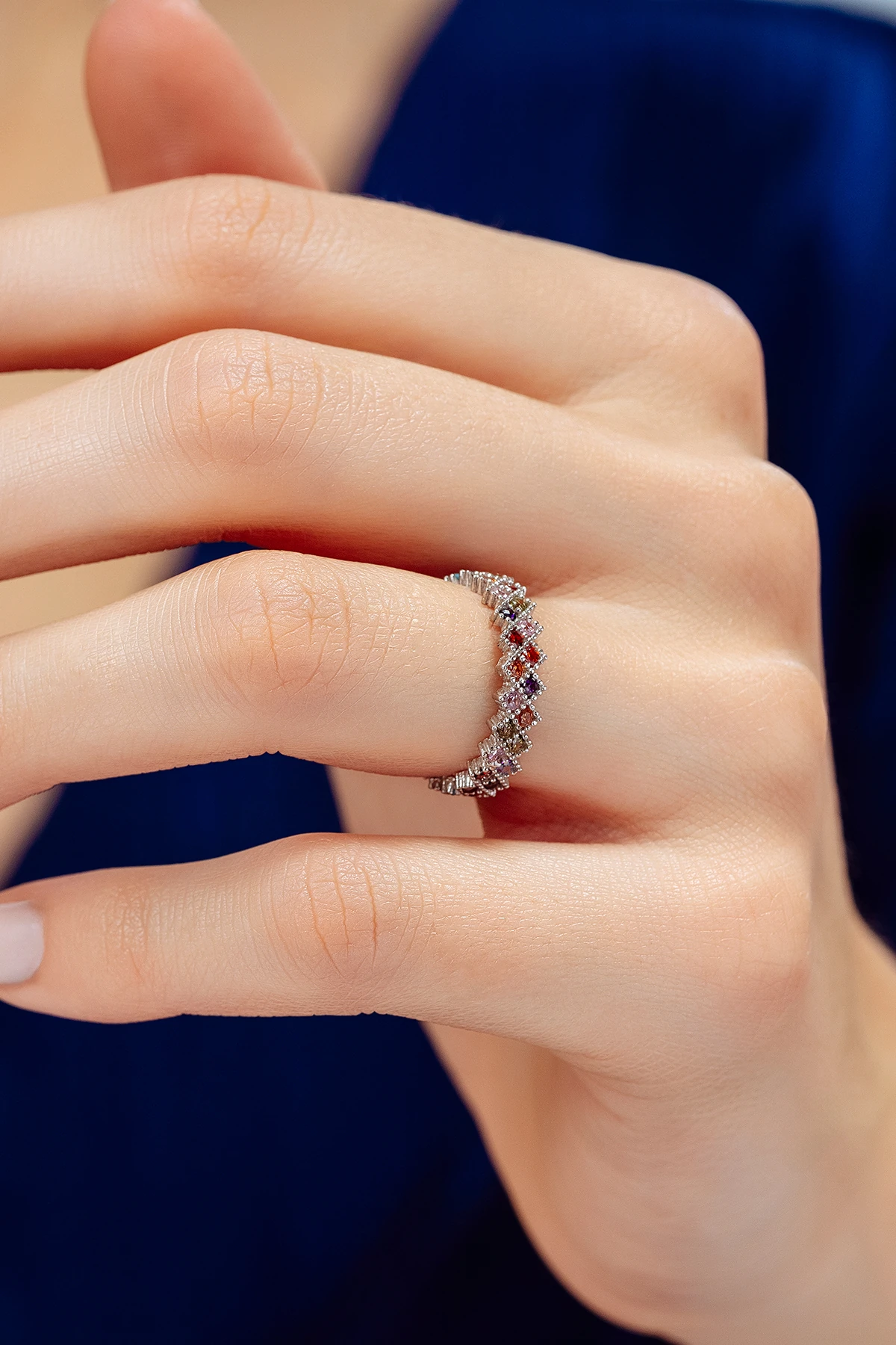 Kadın Gümüş Yüzük - Renkli Zirkon Taşlı Çift Sıra Tamtur Gümüş Yüzük