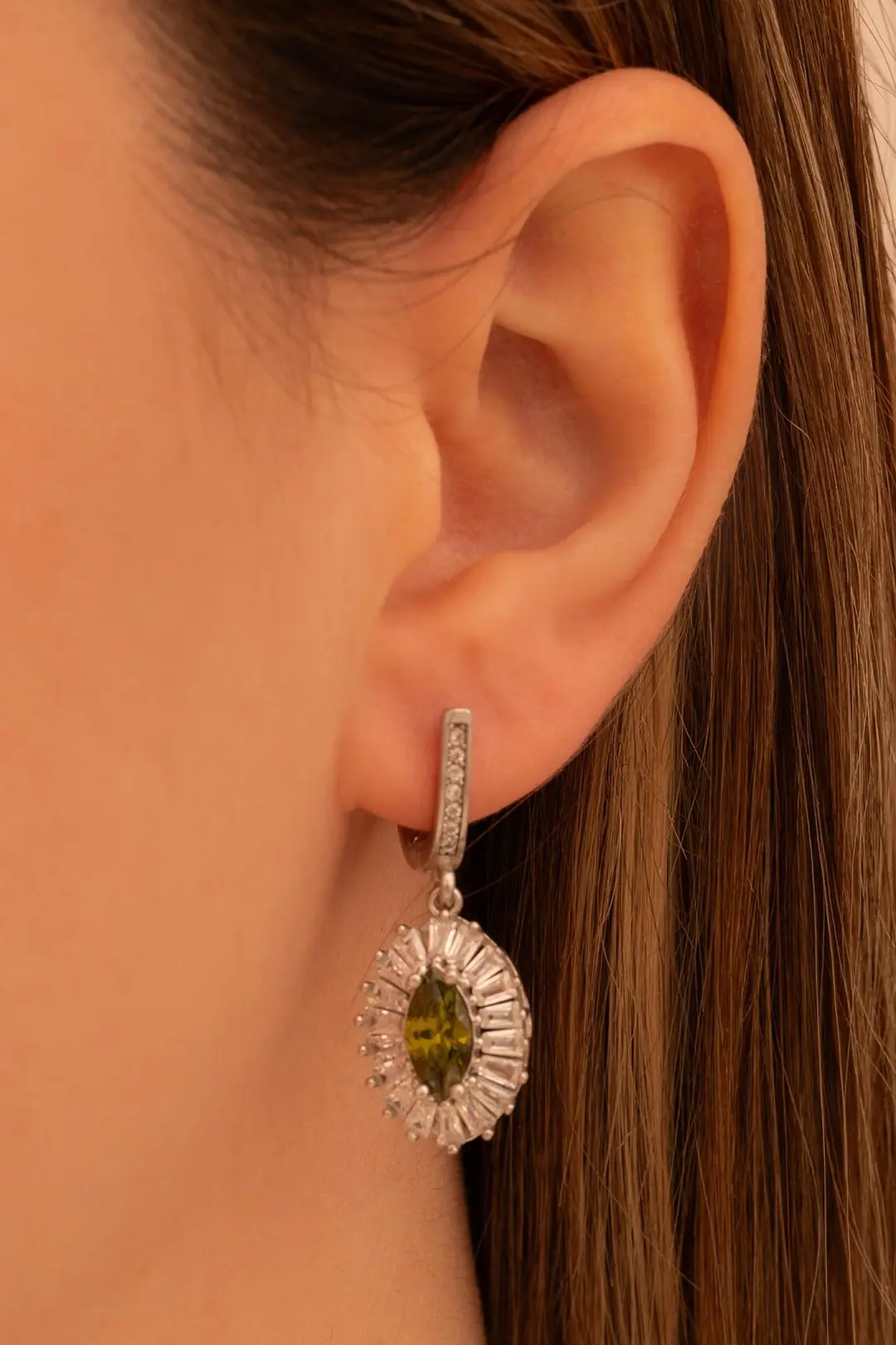 Women's Silver Earrings Drop Zultanit Stone-set Baguette Süslemeli Rhodium-Plated Women's Earrings